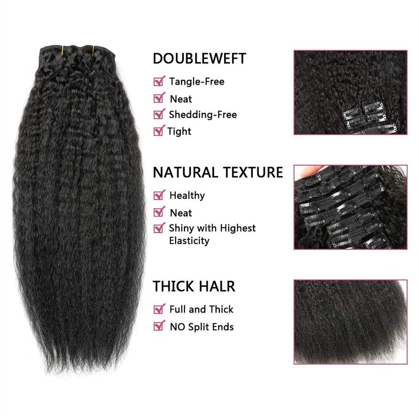Malaysian kinky Straight 100% Human Hair Seamless PU Clip-Ins 12A